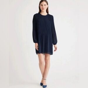 NWT Quince Women’s Chiffon Pleated Long Sleeve Mini Dress NAVY Small